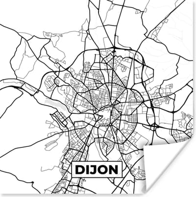 Poster Kaart - Plattegrond - Dijon - Frankrijk - Stadskaart - Zwart wit - 100x100 cm XXL