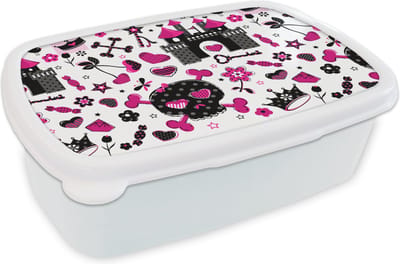 Broodtrommel Wit - Lunchbox - Brooddoos - Meiden - Kroon - Hart - Patronen - Girl - Kindje - Kinderen - 18x12x6 cm - Volwassenen