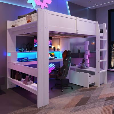 Komhtom Hoogslaper, 140*200 cm, gamingbed met bureau, met ledlampjes, bureau, lade, planken, zonder matras, wit