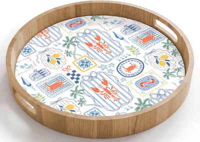 Dienblad rond 40x40 cm - Schootdienblad hout - Patroon - Zomer - Illustraties - Borrelplank rechthoek - Plateau houten dienbladen