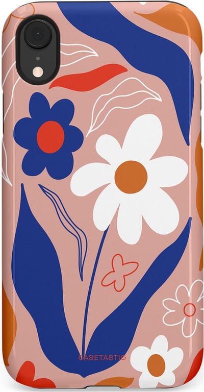Casetastic hoesje geschikt voor Apple iPhone XR - Dubbellaagse bescherming - Eenvoud in bloei - Fashion Case - Perzik Donkerblauw Wit