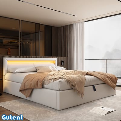 Gutent Gestoffeerd bed - 140*200 cm - met opbergruimte - met verlichting - Wit - kunstleer - Zonder matras