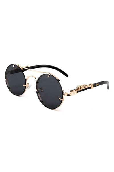 KIMU® Zonnebril Panter Rond - Goud Montuur - Zwarte Glazen - Volwassenen Kunststof Luxe Luipaard Cheetah Mode Miljonair Rijkdom Influencer Festival