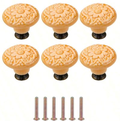 Meubelknoppen Set Oranje Keramiek Rond met Bloem - 6x Kastknop met schroef - Vintage/Antiek handgreep voor deur en lade
