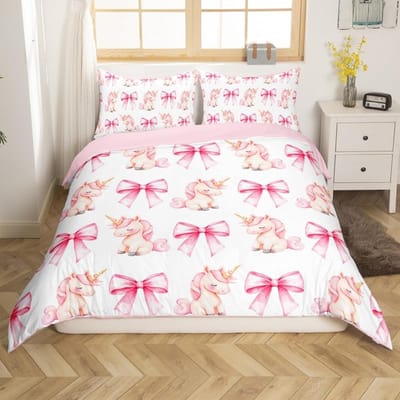 Ensemble de literie princesse à nœud rose de dessin animé, décoration de chambre de fille, housse de couette rose et blanche, 2 taies d'oreiller EU single(135x200cm)
