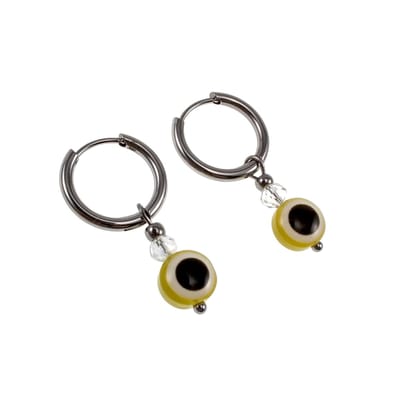∅16mm x 2mm Oorringen Dames - Gepolijst RVS - Oorbellen met Gele Turks Oog Hanger
