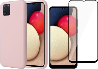 Hoesje geschikt voor Samsung A02s - Siliconen Case Cover Hoes Roze + Screen Protector Glas Full