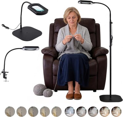 Echte glazen vergrootglas met licht en standaard, 24 inch flexibele zwanenhals, 5 kleurmodi, traploos dimbaar, 3-in-1 led-vergrotingslamp voor lezen en handenvrij dichtwerk