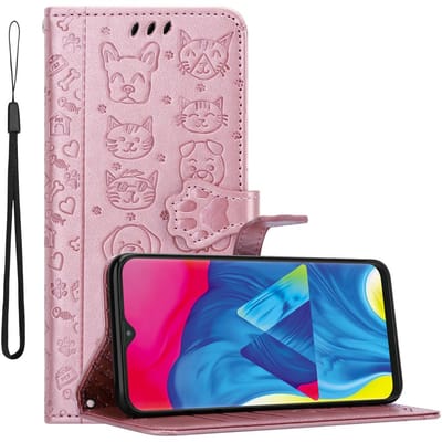 Cadorabo Hoesje geschikt voor Samsung Galaxy A10 / M10 in SHINY ROSE GOUD - Beschermhoes honden en katten met standfunctie en kaartsleuven Book Case Cover Etui