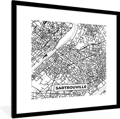 Fotolijst incl. Poster Zwart Wit- Sartrouville - Stadskaart - Frankrijk - Kaart - Plattegrond - Zwart wit - 40x40 cm - Posterlijst