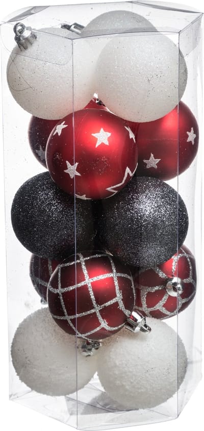 Feeric Christmas Kerstballen - 15x st - wit/rood/zwart - D5 cm - kunststof - gedecoreerd