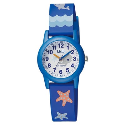 Q&Q VR99J009Y - Horloge - Sport - Analoog - Kinderen - Unisex - Plastic band - Rond - Kunststof - Cijfers - Walvis - Zeesterren - Blauw - Wit - Multi - 10 ATM