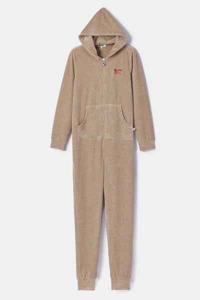 Woody onesie unisex velours - beige - pony - 252-10-ONE-V/227 - maat XL