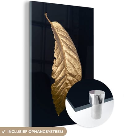 MuchoWow® Glasschilderij 120x180 cm - Schilderij acrylglas - Bladeren - Luxe - Goud - Zwart - Natuur - Foto op glas - Schilderijen