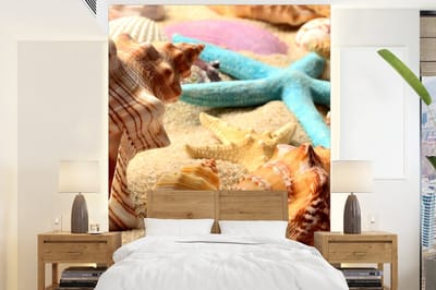 Behang - Fotobehang Zeester - Schelpen - Zand - Strand - Breedte 160 cm x hoogte 220 cm