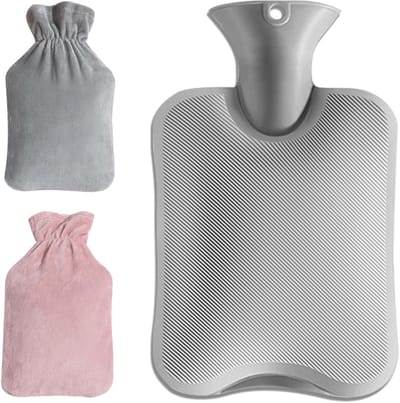 Warmwaterkruik met 2 zachte fleece hoezen voor langdurige warmte en pijnverlichting bij menstruatie, 1 liter, grijs