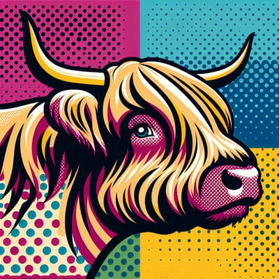 Pop art schotse hooglander schilderij | Bontgekleurde kudde: hedendaagse interpretatie van Schotse hooglanders in pop-art | Kunst - 30x30 centimeter op Canvas | Foto op Canvas
