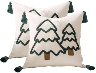 Dailygoods- Kerstboomkussenslopen set van 2 - Feestelijke kussenslopen met kwastjes - Slijtvast - Katoen/linnen mix - Zacht en ademend - Vintage charme - Kussensloop