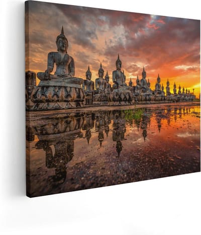 Artaza Canvas Schilderij Boeddha Standbeelden - 50x40 cm - Wanddecoratie Spiritueel - Muurdecoratie Zon - Kamer Accessoires
