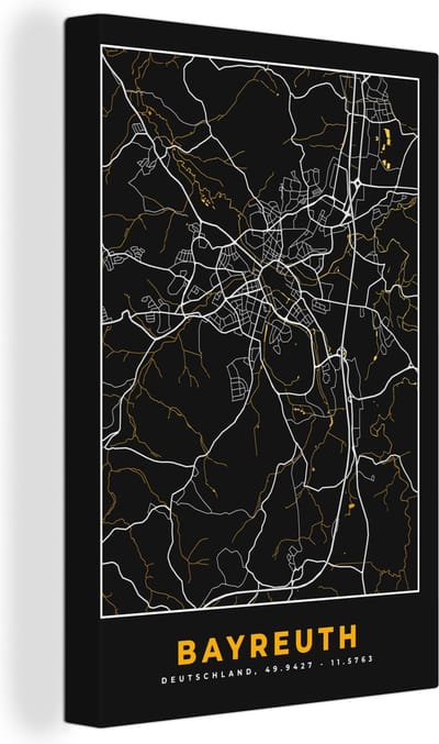 Canvas Schilderij Duitsland – Black and Gold – Bayreuth – Stadskaart – Kaart – Plattegrond - 20x30 cm - Wanddecoratie
