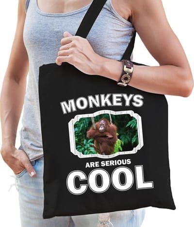 Dieren orangoetan katoenen tasje volw + kind zwart - monkeys are cool boodschappentas/ gymtas / sporttas - cadeau apen fan