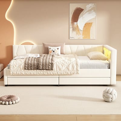 VVBV Slaapbank 90x200 cm met LED-Verlichting, USB - Planken, Lattenbodem, 2 Lades, Lades - Linnen Beige - Zonder Matras