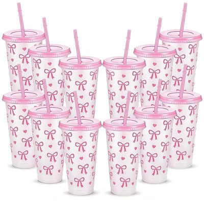 Dailygoods- Partybekers 700ml - Herbruikbare Roze Bekers - Met Deksel/Rietje - Elegant Design - BPA-vrij Kunststof - Ideaal voor Feesten - Drankbekers