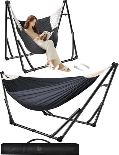 Hangmat en stoel - Relax frame - Buiten ontspannen - Inklapbaar en draagbaar - Tot 200 kg - Zwart