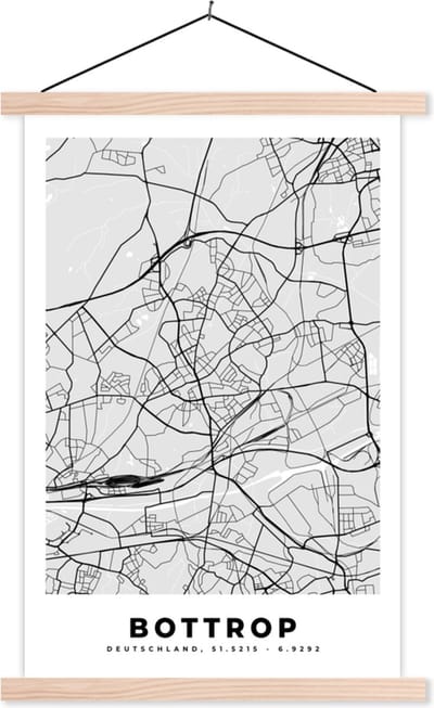 Posterhanger incl. Poster 40x60 cm - Schoolplaat - Duitsland - Plattegrond - Kaart - Bottrop - Stadskaart - Textielposter - Blanke latten - Stadskaart