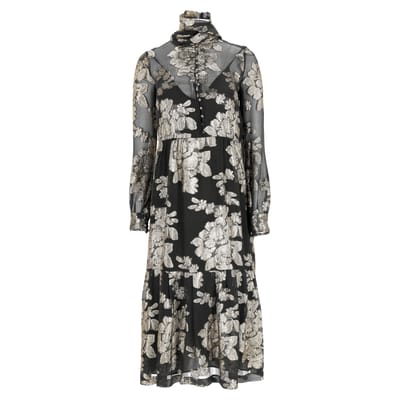 Saint Laurent midi-jurk met bloemenprint en doorschijnende details in zwarte zijde
