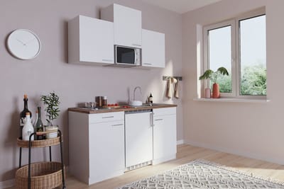Goedkope keuken 150  cm - complete kleine keuken met apparatuur Luis - Wit/Wit - elektrische kookplaat  - koelkast        - magnetron - mini keuken - compacte keuken - keukenblok met apparatuur