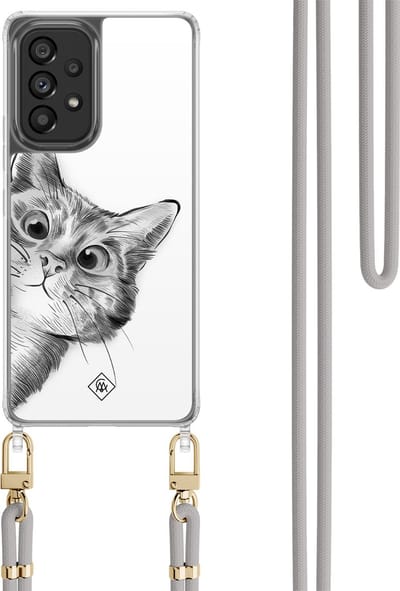 Casimoda® hoesje met koord - Geschikt voor Samsung A53 - Peekaboo Kat - Afneembaar koord - TPU/polycarbonaat - Grijs