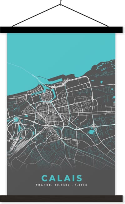 Posterhanger incl. Poster 40x60 cm - Schoolplaat - Calais - Frankrijk - Plattegrond - Kaart - Stadskaart - Textielposter - Zwarte latten - Stadskaart