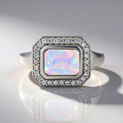 Cavill - Zilveren ring met 0,92 ct Welo Opaal en 0,37 ct Zirkonia - 925 Sterling Zilver Platina Geplateerd - Achthoekig Modern Elegant