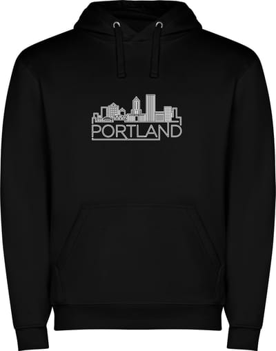 Zwarte unisex hoodie met “ Skyline Portland Oregon – Vakantiegevoel – Strak – Modern “ Print Full Color merk Roly maat M