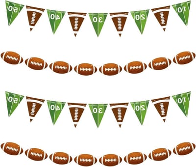 Voetbal Feestdecoraties Set van 4, Voorgeperforeerde Voetbal Banner, Triangle Vlaggen en Rugby Banner voor Verjaardagsfeest, Sportthema en Tailgate Evenementen