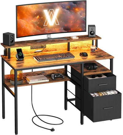computertafel-Bureau met stoffen laden-met monitorstandaard-LED-verlichting-5 x 120 x 90 cm-bruin