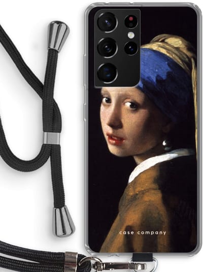 Hoesje met koord geschikt voor Samsung Galaxy S21 Ultra hoesje met Koord - The Pearl Earring - Telefoonhoesje met Zwart Koord - Bescherming aan alle Kanten en Over de Schermrand