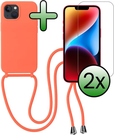 Hoes Geschikt voor iPhone 13 Mini Hoesje Met Koord Met 2x Screenprotector - Telefoonhoesje Geschikt voor iPhone 13 Mini Backcover Met Afneembaar Koord - Papaya