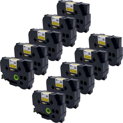 DULA Brother Compatible label tape- Tze-651 - 10 cassettes - Brother P-Touch - Zwart op geel - 24mm x 8m
