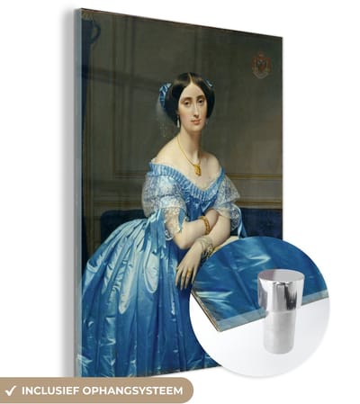 ® Glasschilderij 120x160 cm - Schilderij acrylglas - The Princesse de Broglie - Schilderij van Jean Auguste Dominique Ingres - Foto op glas - Muurdecoratie woonkamer - Wanddecoratie slaapkamer - Schilderijen