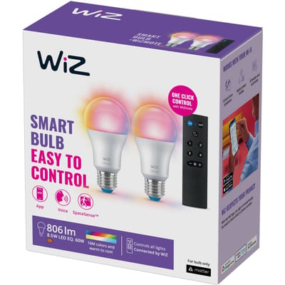 WiZ Lamp 2-pack + Afstandsbediening - Gekleurd en Wit Licht - Slimme LED Verlichting - E27 fitting - 60W - Mat - Wi-Fi