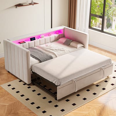 Multifunctionele slaapbank (90x190 cm) met uitschuifbaar bed, USB Type-C-poort, ledverlichting, fluwelen bekleding en opbergruimte – Stijlvol design voor de woonkamer, logeerkamer of tienerkamer. Beige