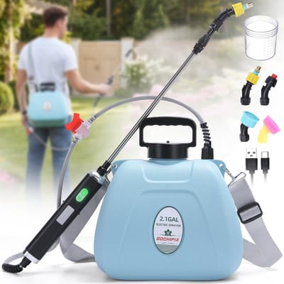 Elektrische Tuinsproeier 8L (2,1 Gallon) Blauw – Accu USB Oplaadbaar met Batterij Indicator, 4 Sproeikoppen, Afsluitventiel, Uitschuifbare Spuitlans & Verstelbare Draagriem – Plantenspuit voor Tuin, Gazon en Planten
