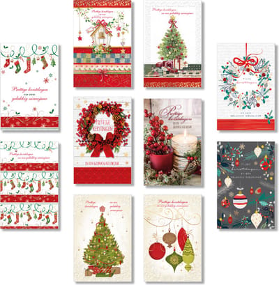 50 Kerstkaarten en Nieuwjaarskaarten - Foliedruk - 10 motieven - Witte envelop - 10,5 x 16 cm