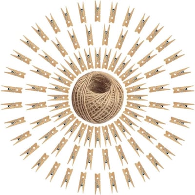 Set van 100 Houten Kledingknijpers en Foto Clips met 30 m Jute Touw voor Kleding, Foto's en Creatieve Projecten