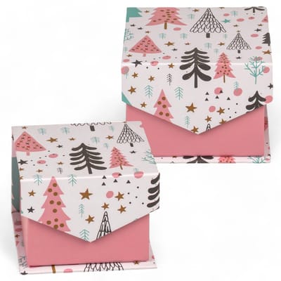 Dailygoods- Geschenkdozen met deksel - 2-delige set - Opklapbaar - Dennendesign - Roze/mint - 11 x 10,8 x 8,6 cm / 8 x 7,9 x 6,1 cm - Cadeaudozen