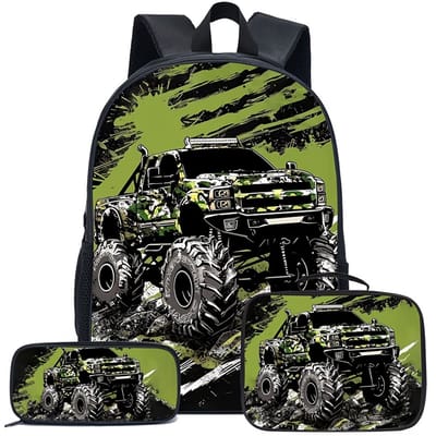 Monstertruck Rugzak Set | Groen | 3-Delige Schooltas Set met Rugzak, Etui en Lunchtas | Truckpatroon Rugtas met 3D Details | Stevige Schoolrugzak | 20 Liter