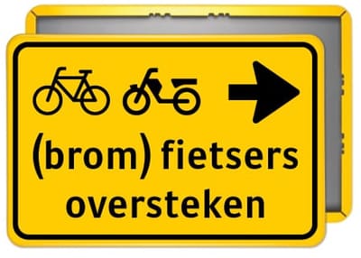 Bord (brom)fietsers oversteken pijl rechts - geel - Weerbestendig Aluminium - 60x90 cm - Bevestiging: Zonder bevestiging (alleen het bord)