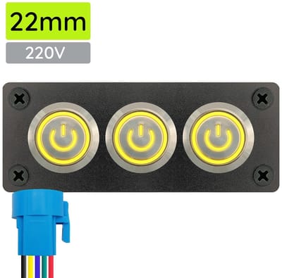 ProRide Metalen pulsschakelaar 220V OFF-(ON) - Inbouwpaneel drievoudig - 22mm - IP67 - LED indicatie Geel